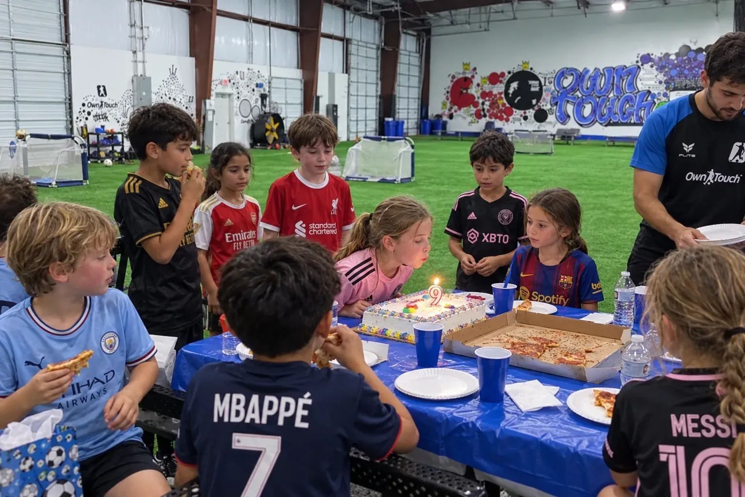 A girl blows out the candle on a birthday cake at a party table on the indoor turf, with friends and an Own Touch coach around her