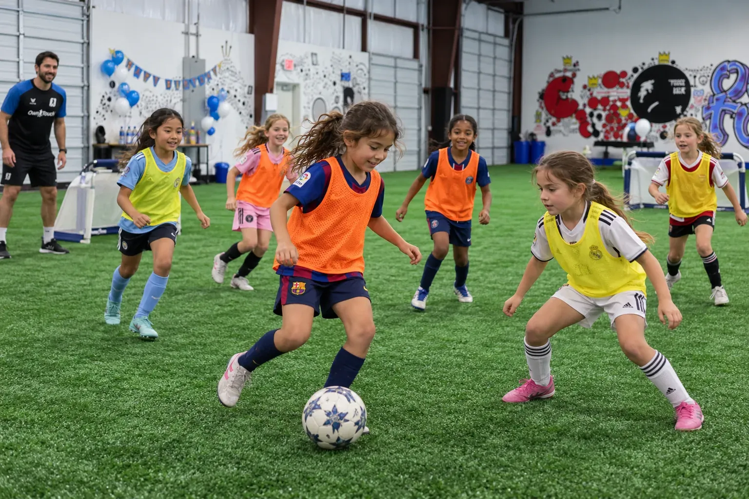 Girls in team bibs play a small-sided game as an Own Touch coach watches, with birthday balloons along the wall