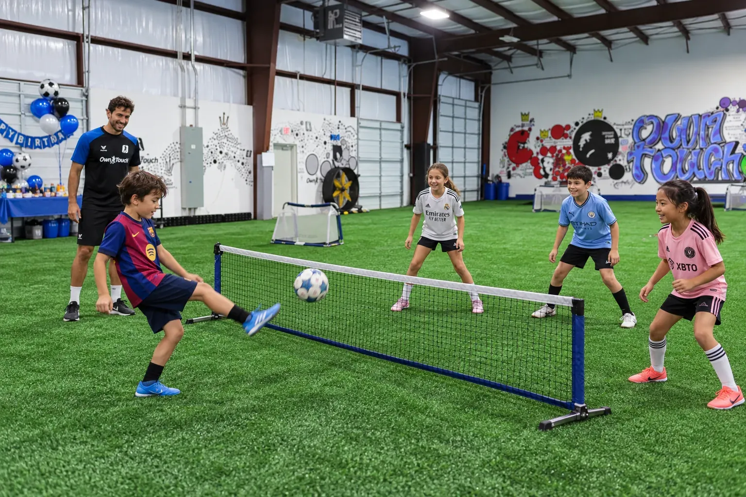 A boy volleys the ball over a mini net as an Own Touch coach and three friends play along, with birthday balloons behind them