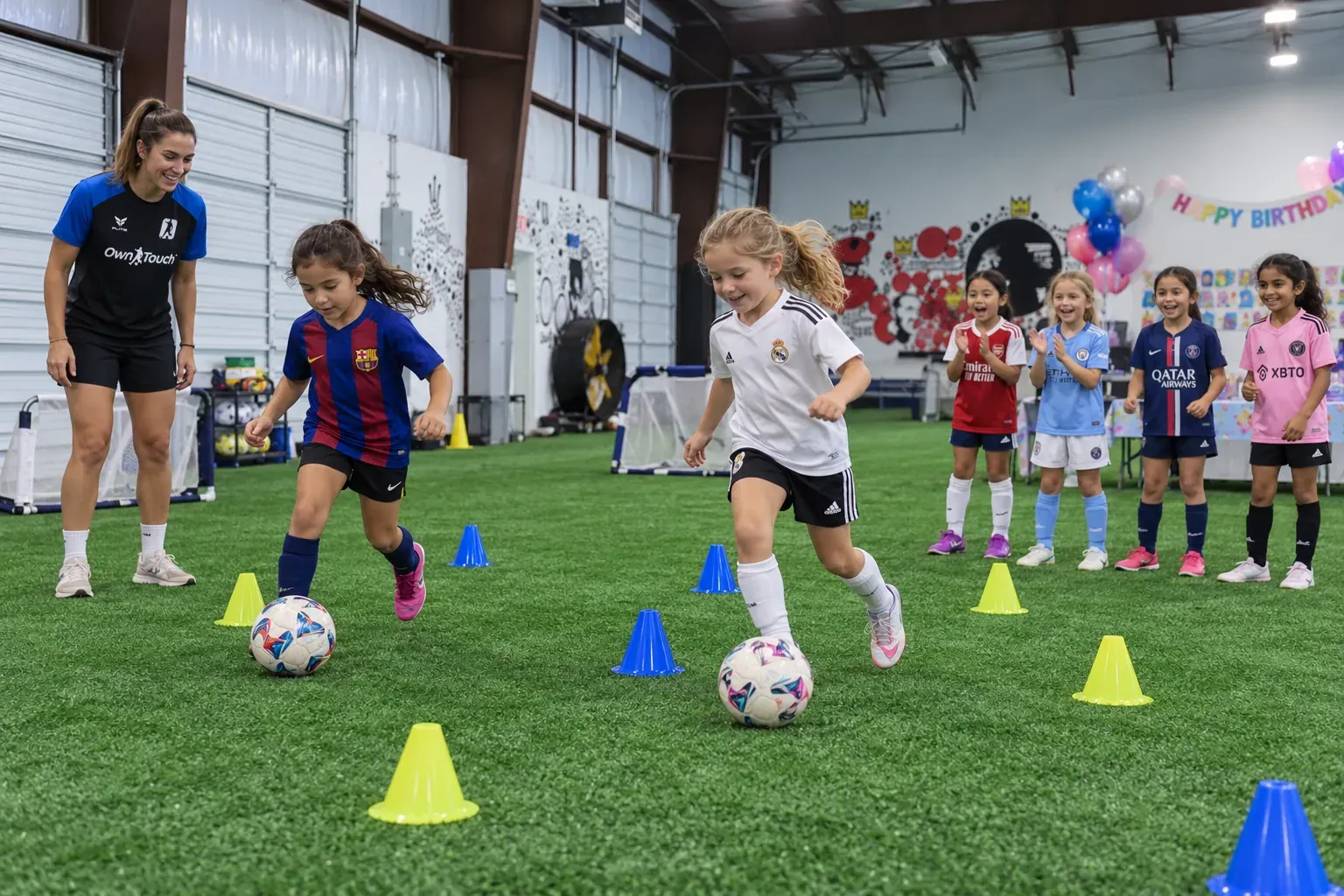 Two girls dribble through cones as an Own Touch coach and their friends cheer under a Happy Birthday banner