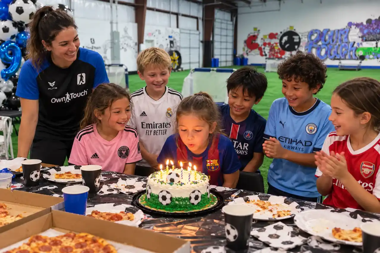 Kids in soccer jerseys cheer as a girl blows out the candles on a soccer ball birthday cake, with an Own Touch coach beside them on the indoor turf