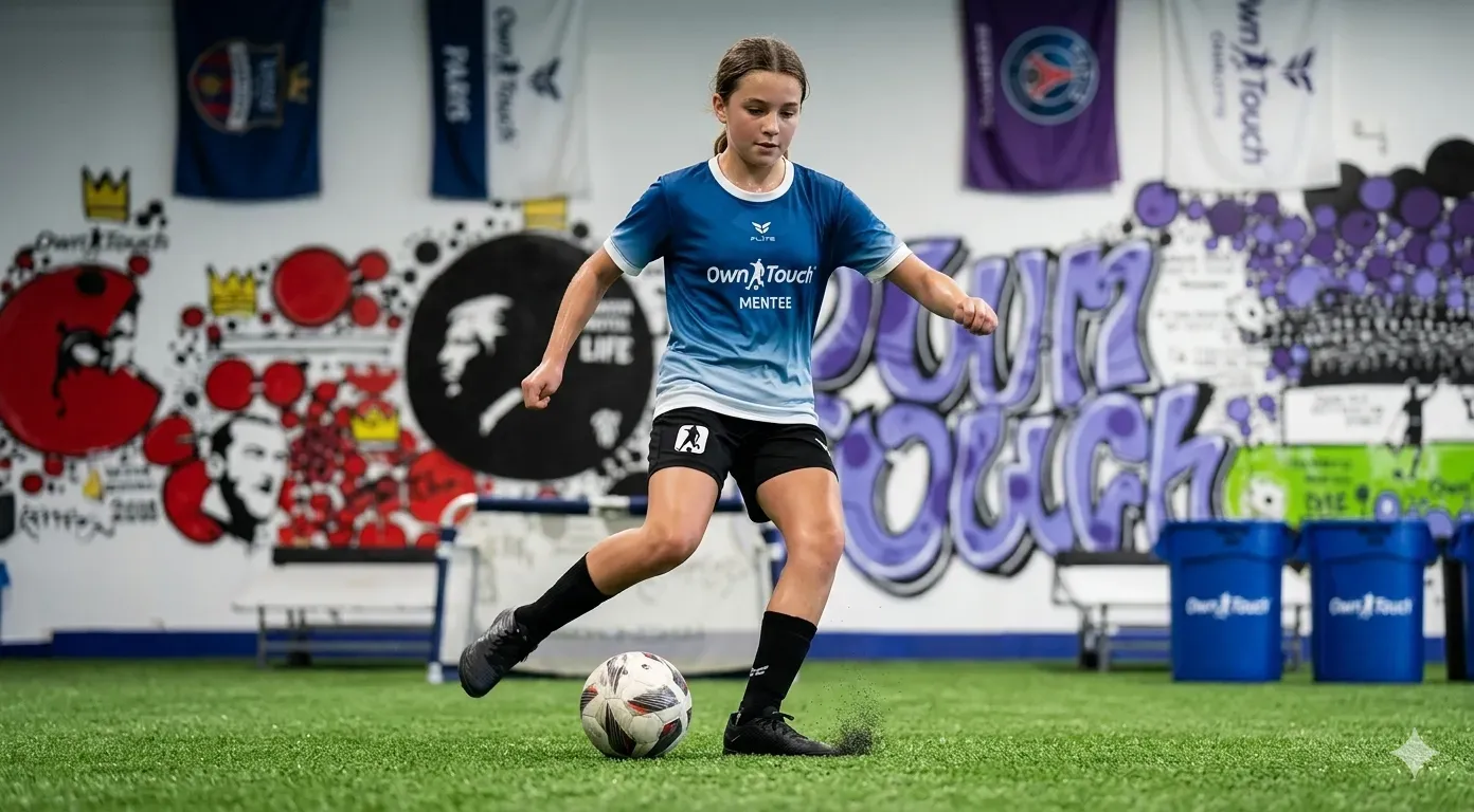 A Mentee dribbling past the Own Touch mural at the Huntersville studio