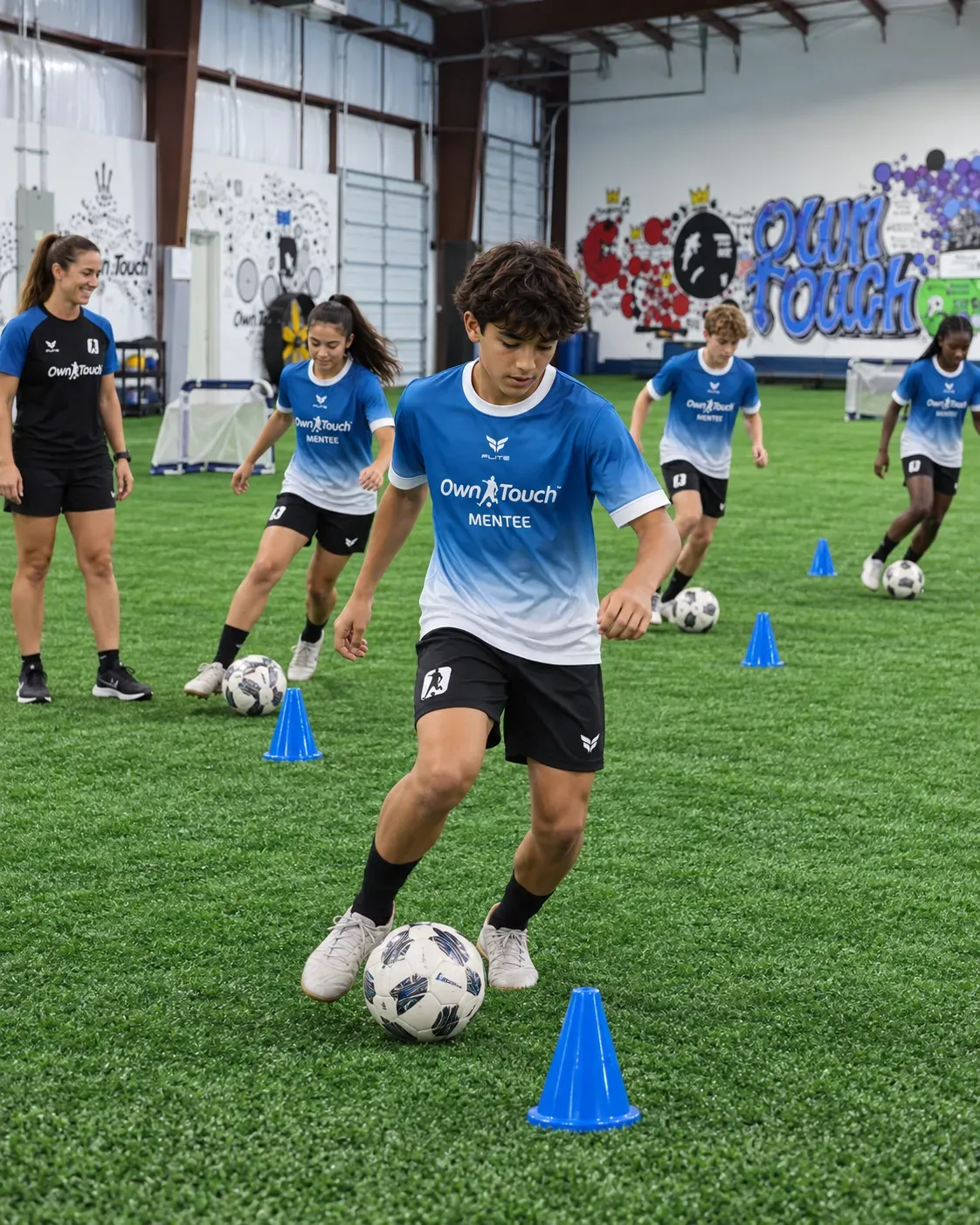 Mentees in blue Own Touch kits dribbling through a cone drill